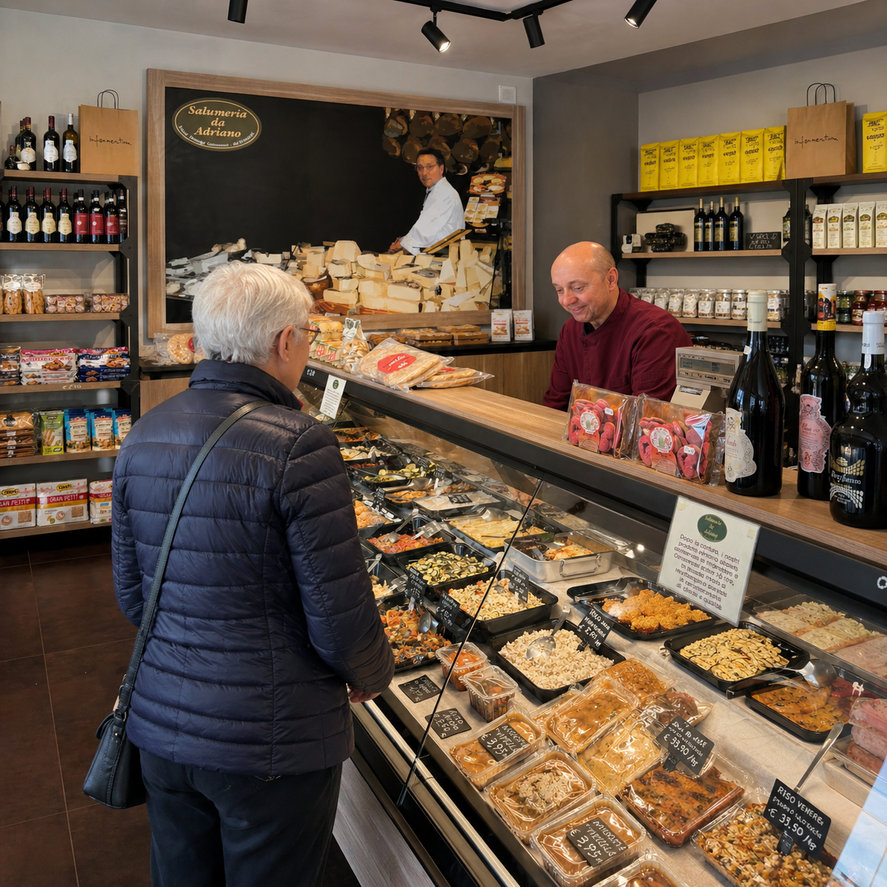Cliente al banco gastronomia della Salumeria da Adriano con vasta scelta di piatti pronti, salumi e vini