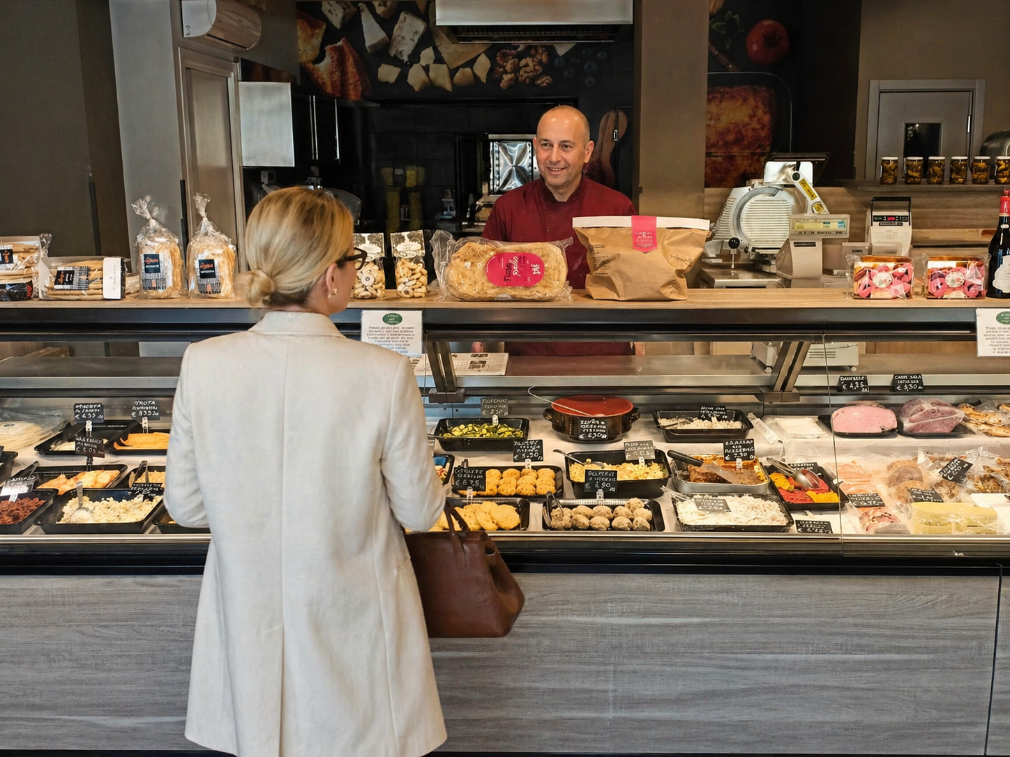 Roberto serve una cliente al banco della Salumeria da Adriano tra pane fresco, salumi e specialità